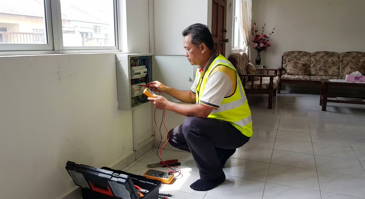 Licensed electrician inspecting a home electrical distribution board