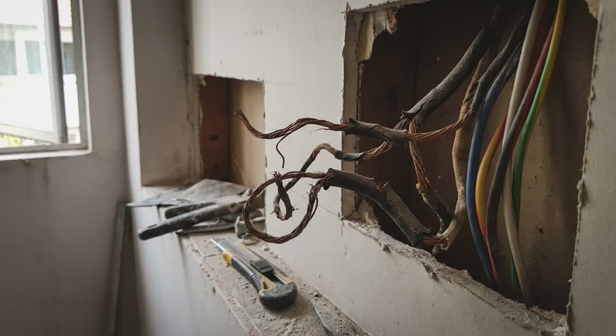 Old electrical wiring exposed during home renovation in Malaysia