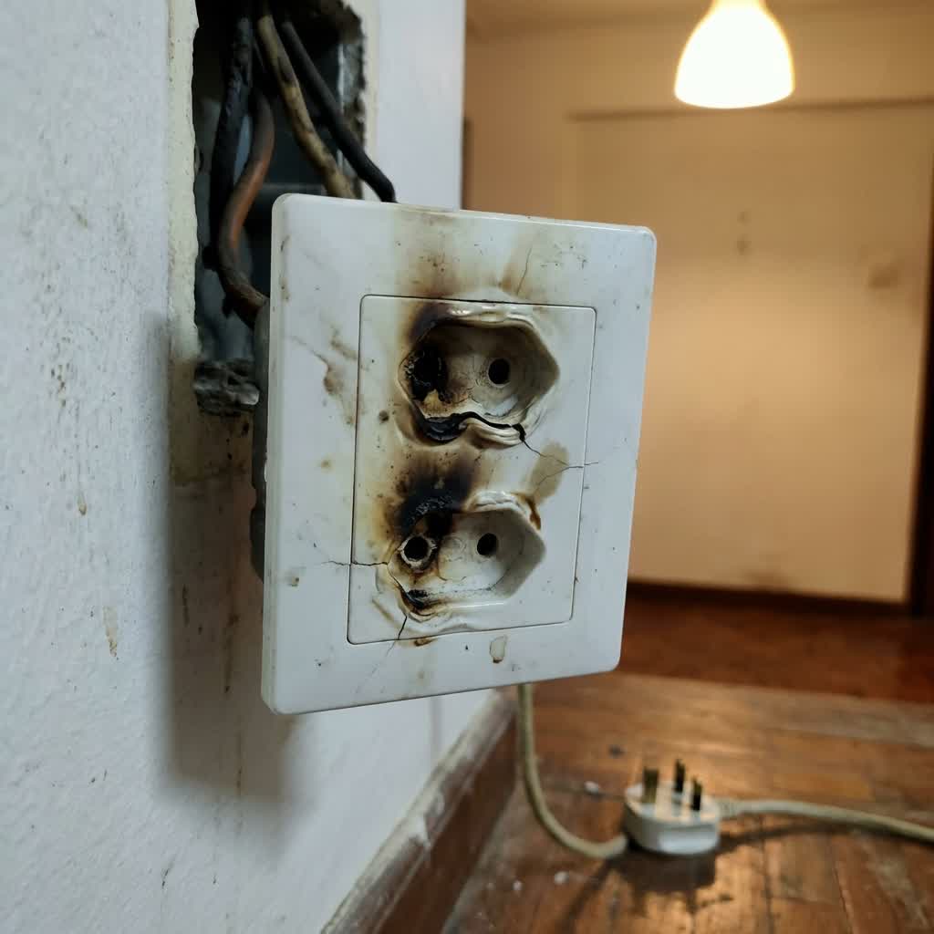 Burnt power socket showing warning signs