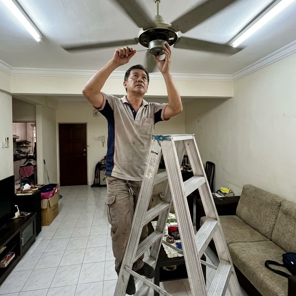 Electrician inspecting ceiling fan motor
