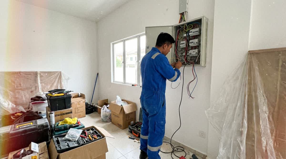 Electrician inspecting electrical panel during home renovation preparation in Malaysia