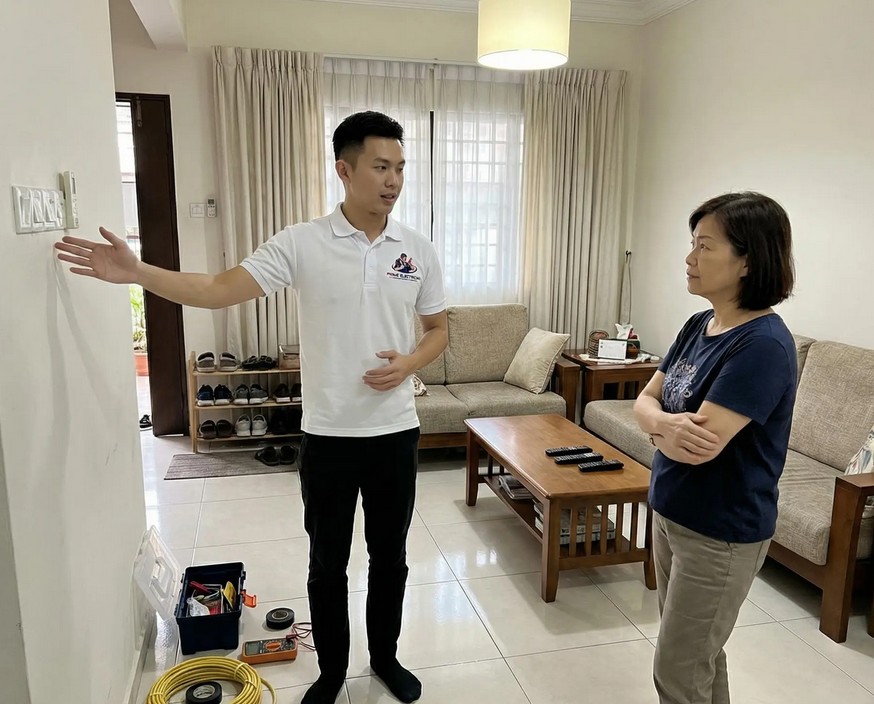 Electrician explaining work to customer