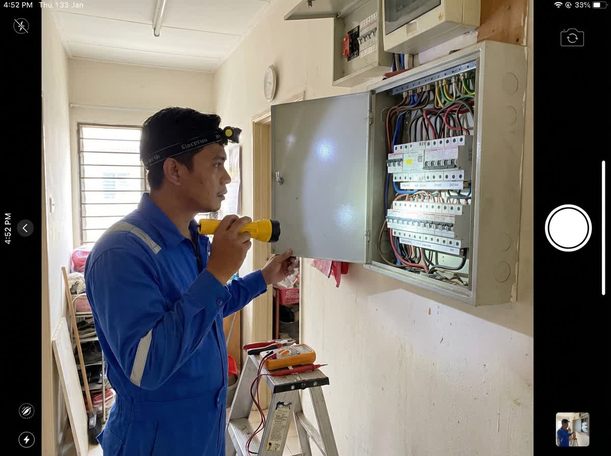 Electrician inspecting DB box for loose connections causing flickering lights