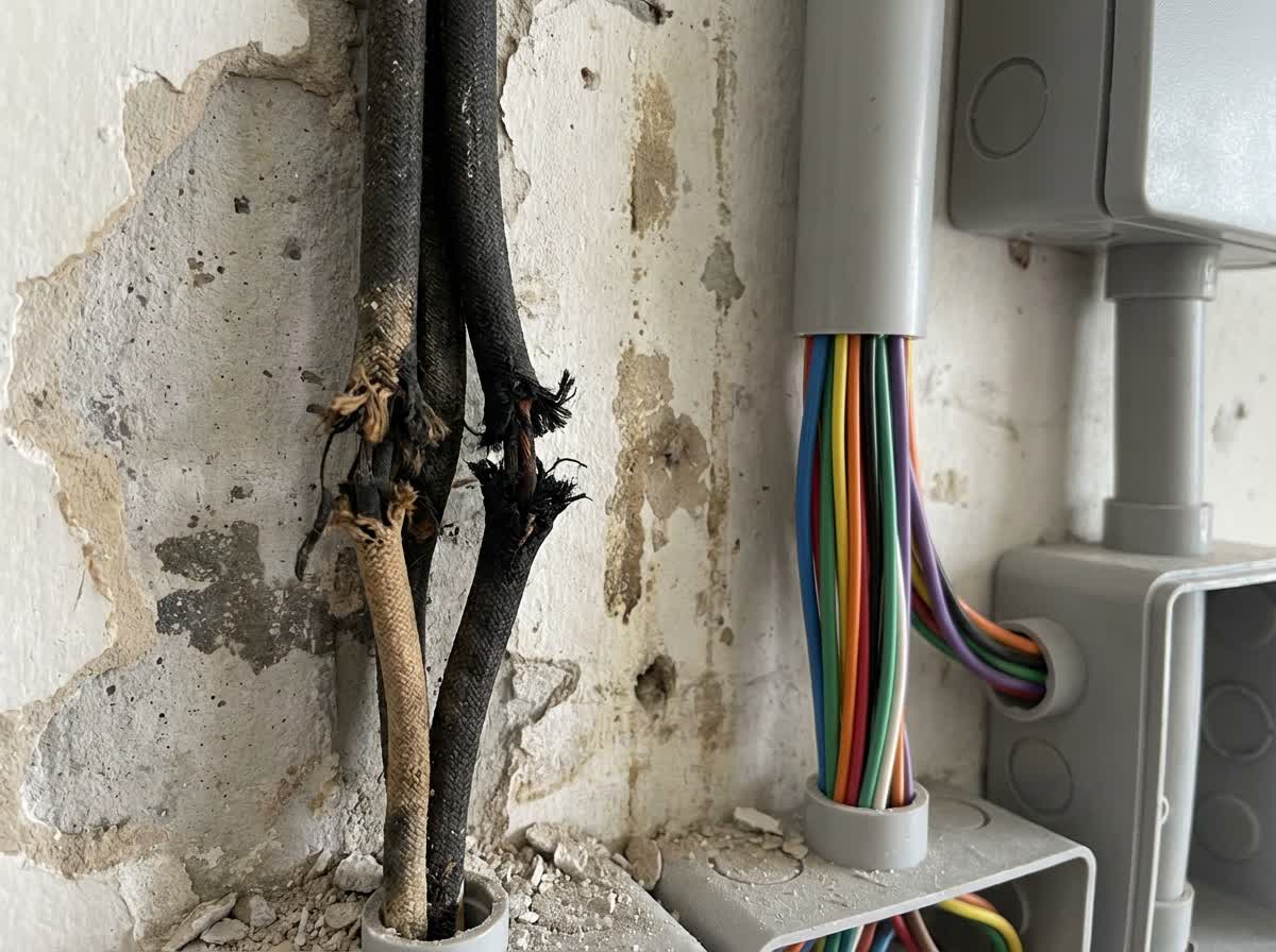 Old deteriorated wiring compared to new modern wiring in a Malaysian home