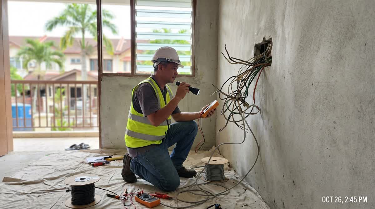 Electrician inspecting exposed wiring inside a Malaysian terrace house wall during rewiring