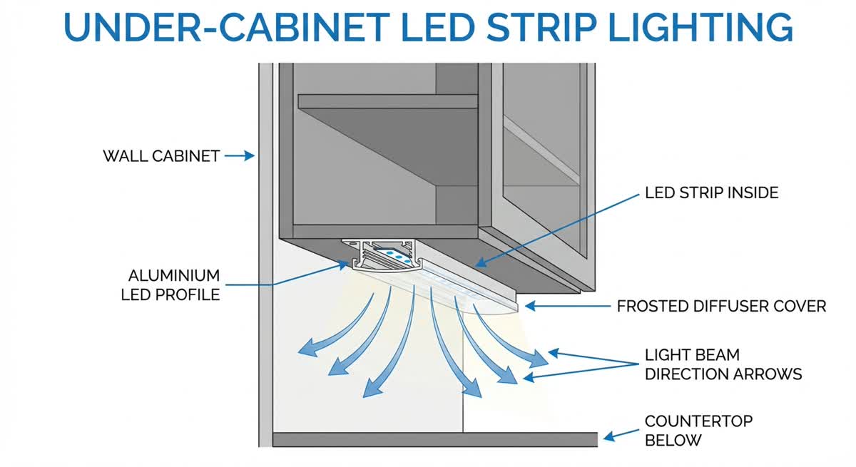 Completed kitchen lighting showing LED downlights and under-cabinet strip lighting