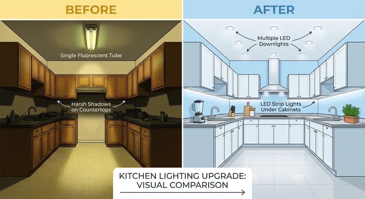 Modern kitchen lighting with LED downlights in an Ara Damansara condo