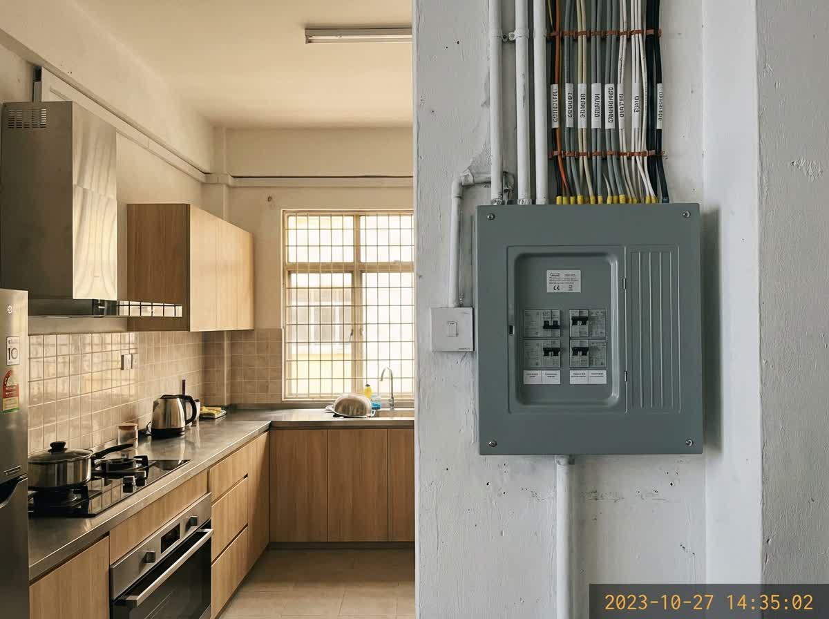 New electrical panel and wiring installed in the renovated shophouse kitchen
