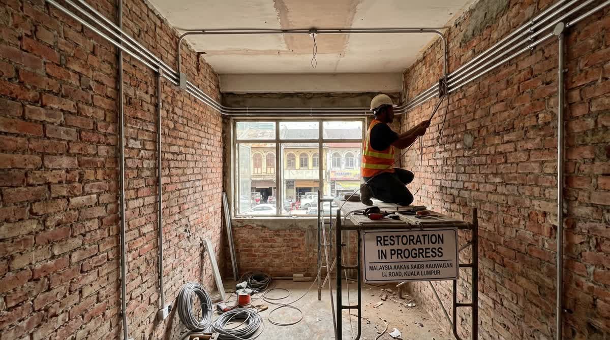 Electrician rewiring a commercial kitchen in a shophouse on Old Klang Road, Kuala Lumpur