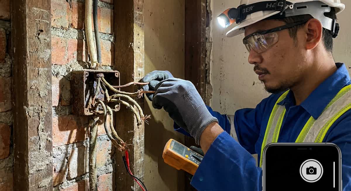 Electrician inspecting old wiring in Malaysian terrace house