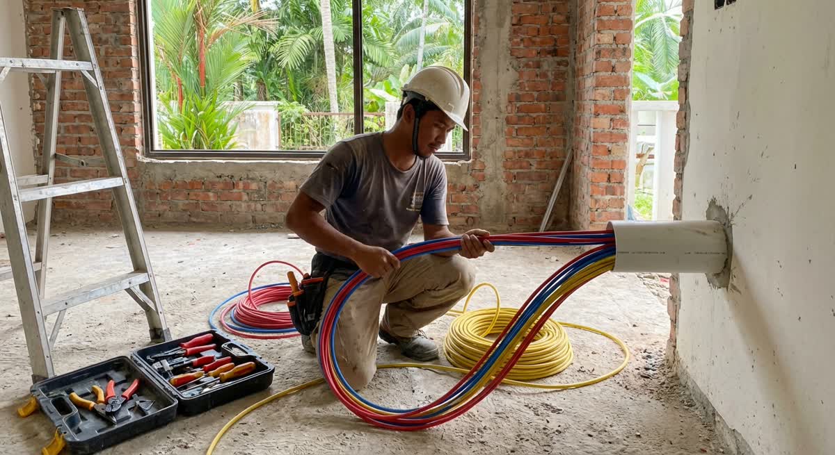 Electrician installing new colour-coded wiring through conduit in bungalow