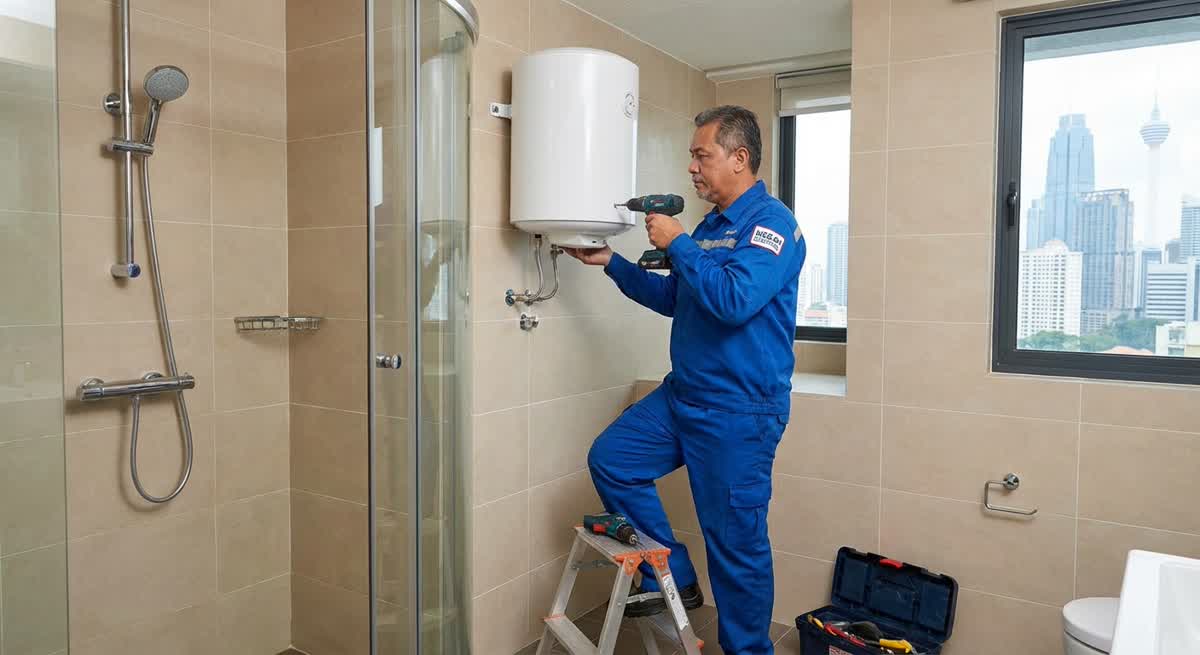 Storage water heater installation in progress at a Mont Kiara condominium