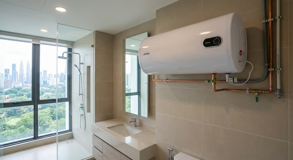 Completed storage water heater installation in Mont Kiara condo ceiling void