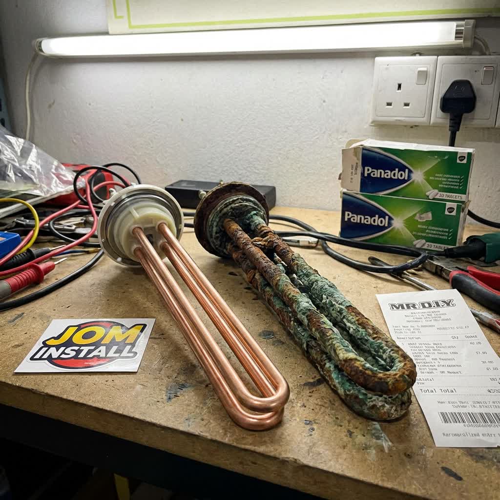 Old corroded water heater element next to new replacement element