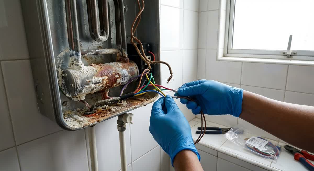 Close-up of water heater repair showing corroded heating element and limescale buildup