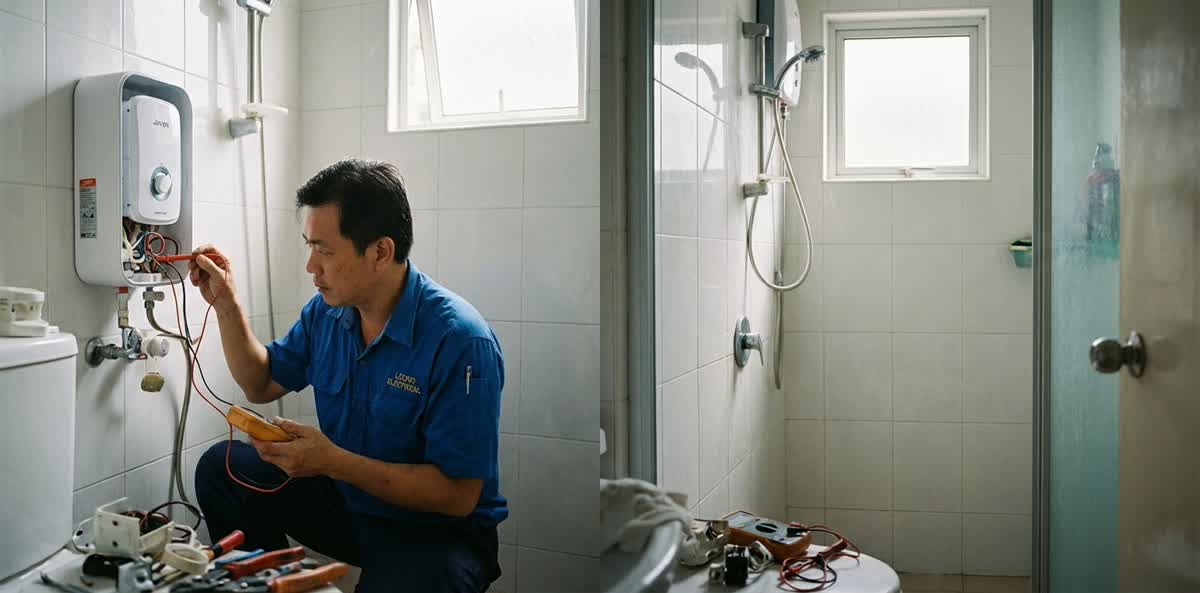 Water heater repair work in a condo bathroom at Taman Midah, Cheras