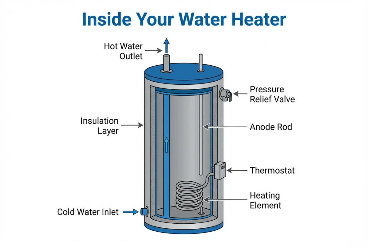 Diagram showing the internal components of a storage water heater