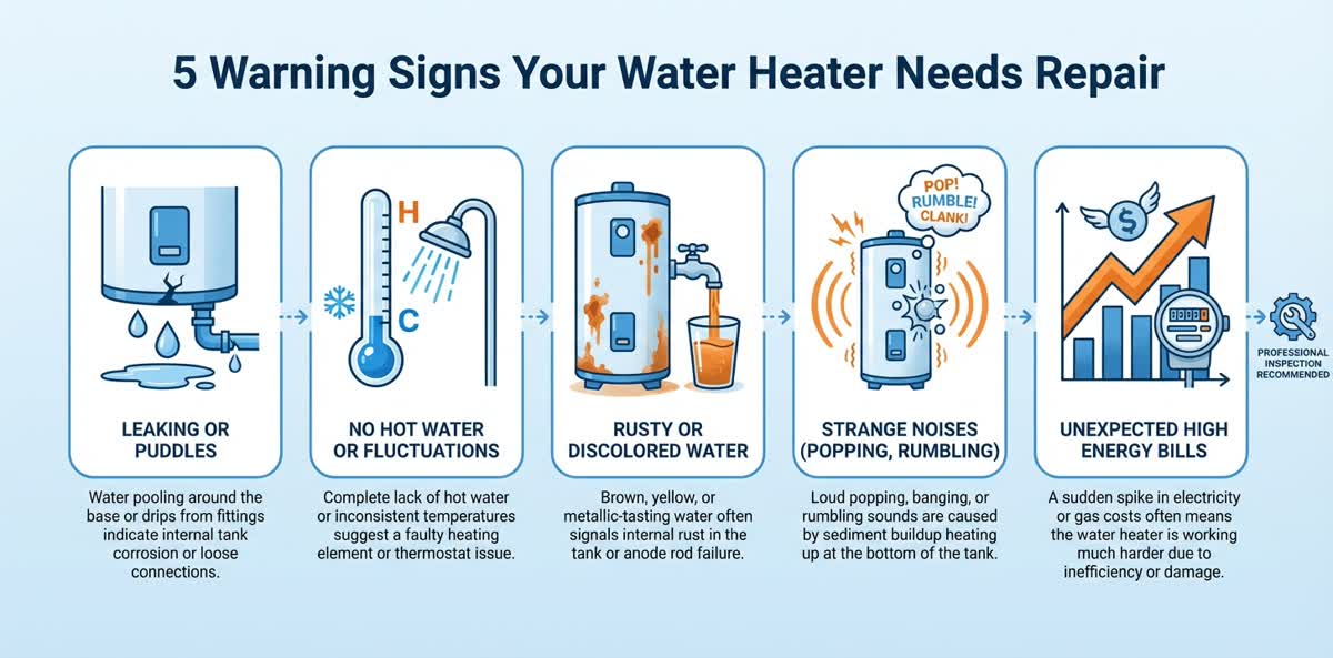 Water heater warning signs infographic