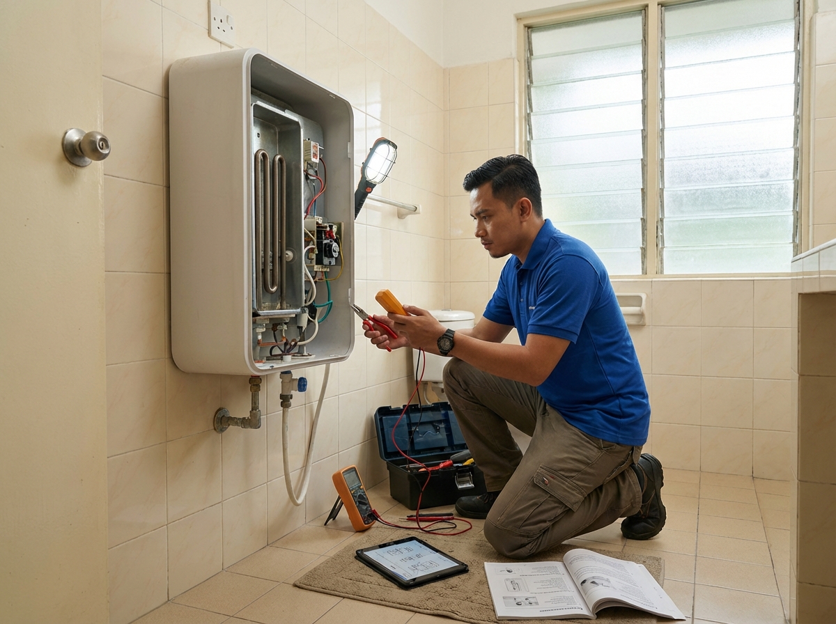 Water heater repair technician at work